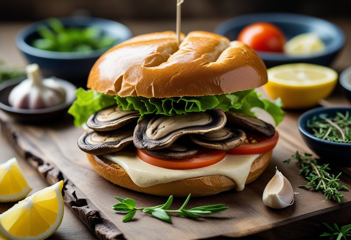 Close-up of a freshly made oyster mushroom steak sandwich on a wooden board surrounded by small bowls of herbs, garlic, lemon wedges, and olive oil.