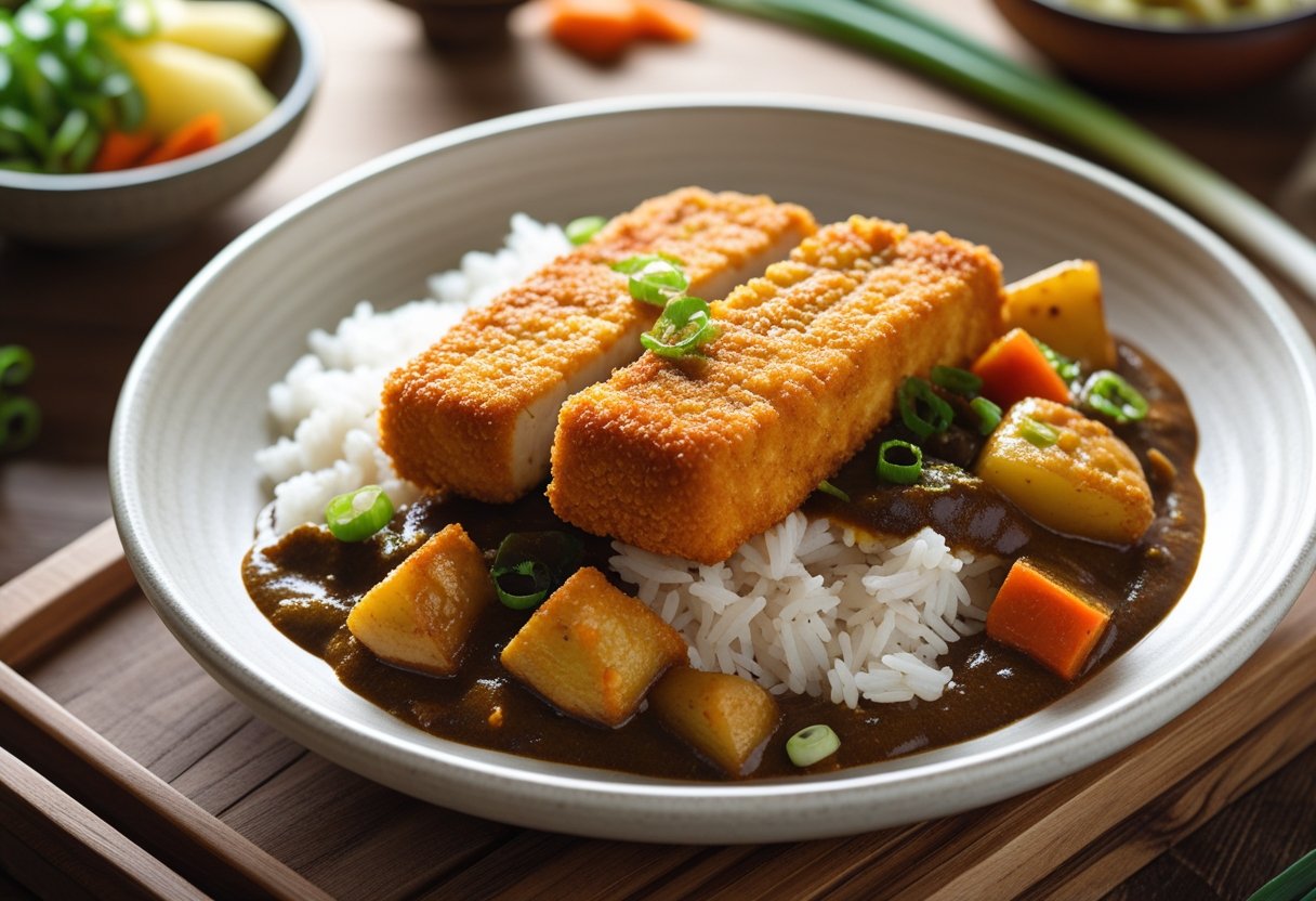 A plate of tofu katsu curry with crispy tofu pieces on white rice, covered in brown curry sauce with vegetables, on a wooden table.