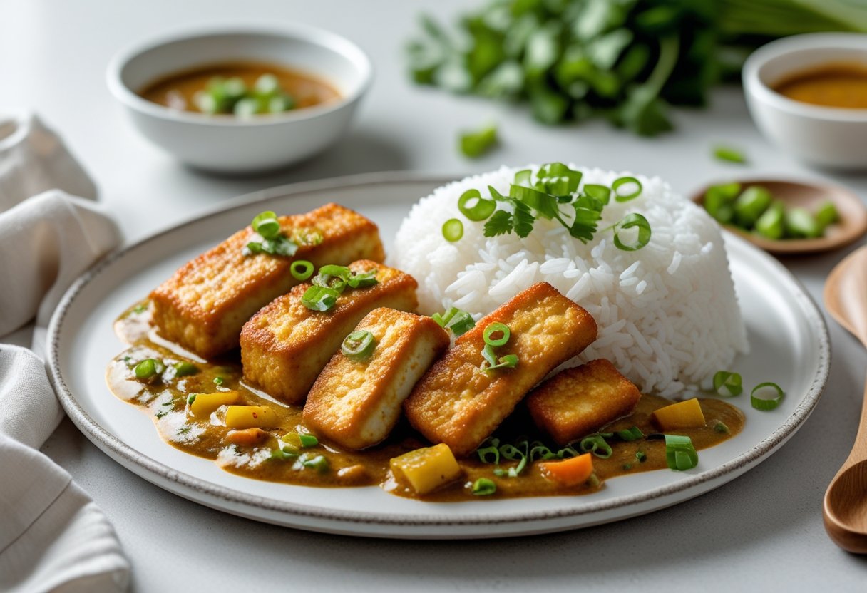 A plate of crispy tofu katsu curry with rice and curry sauce, garnished with green herbs on a kitchen table.