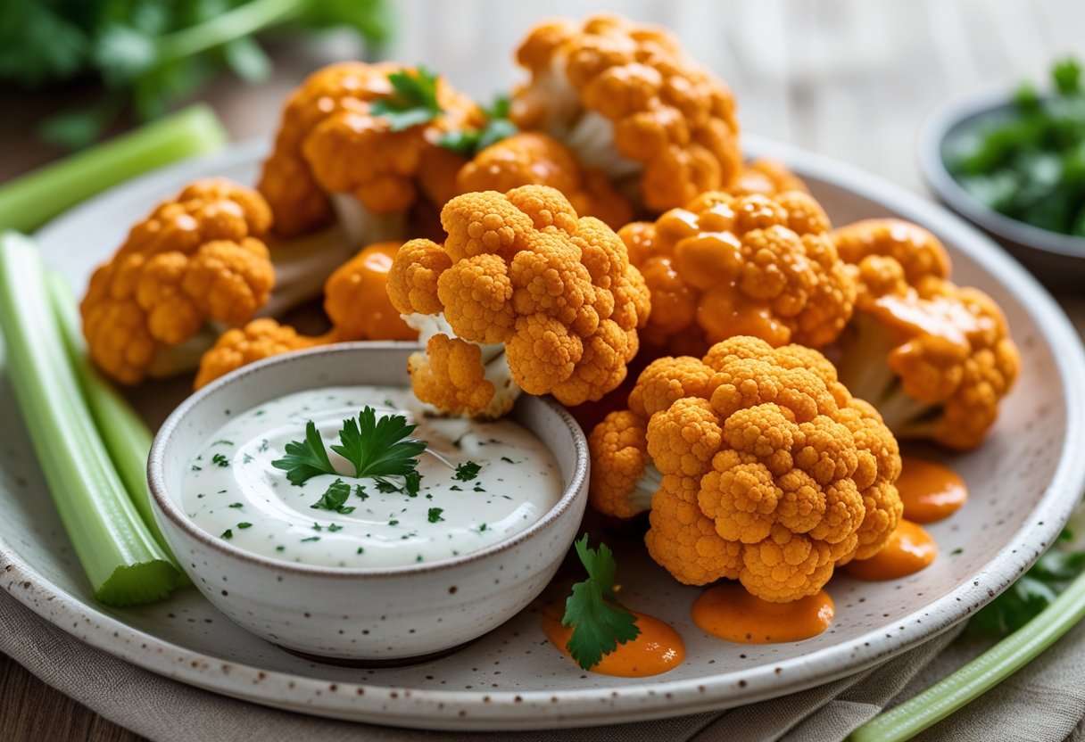 A plate of crispy cauliflower wings coated in buffalo sauce with a bowl of dipping sauce and celery sticks on a wooden table.