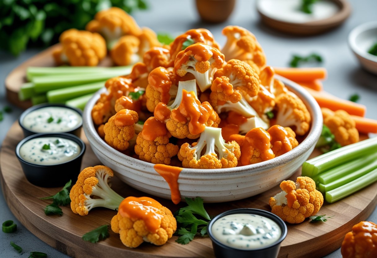 A bowl of crispy cauliflower wings coated in buffalo sauce with dipping sauces and fresh celery and carrot sticks on a wooden board.