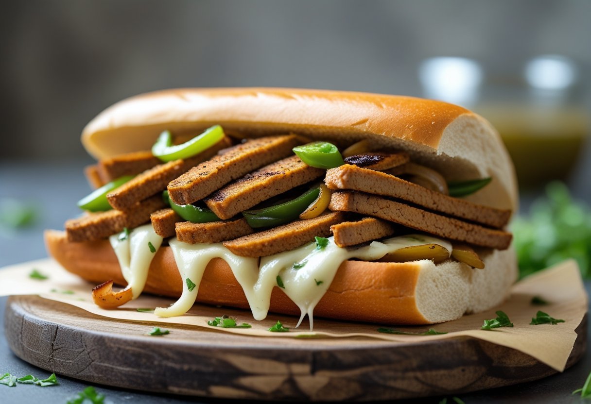 A vegan Philly cheesesteak sandwich with seitan strips, sautéed onions, green bell peppers, and melted vegan cheese in a toasted hoagie roll on a wooden board.