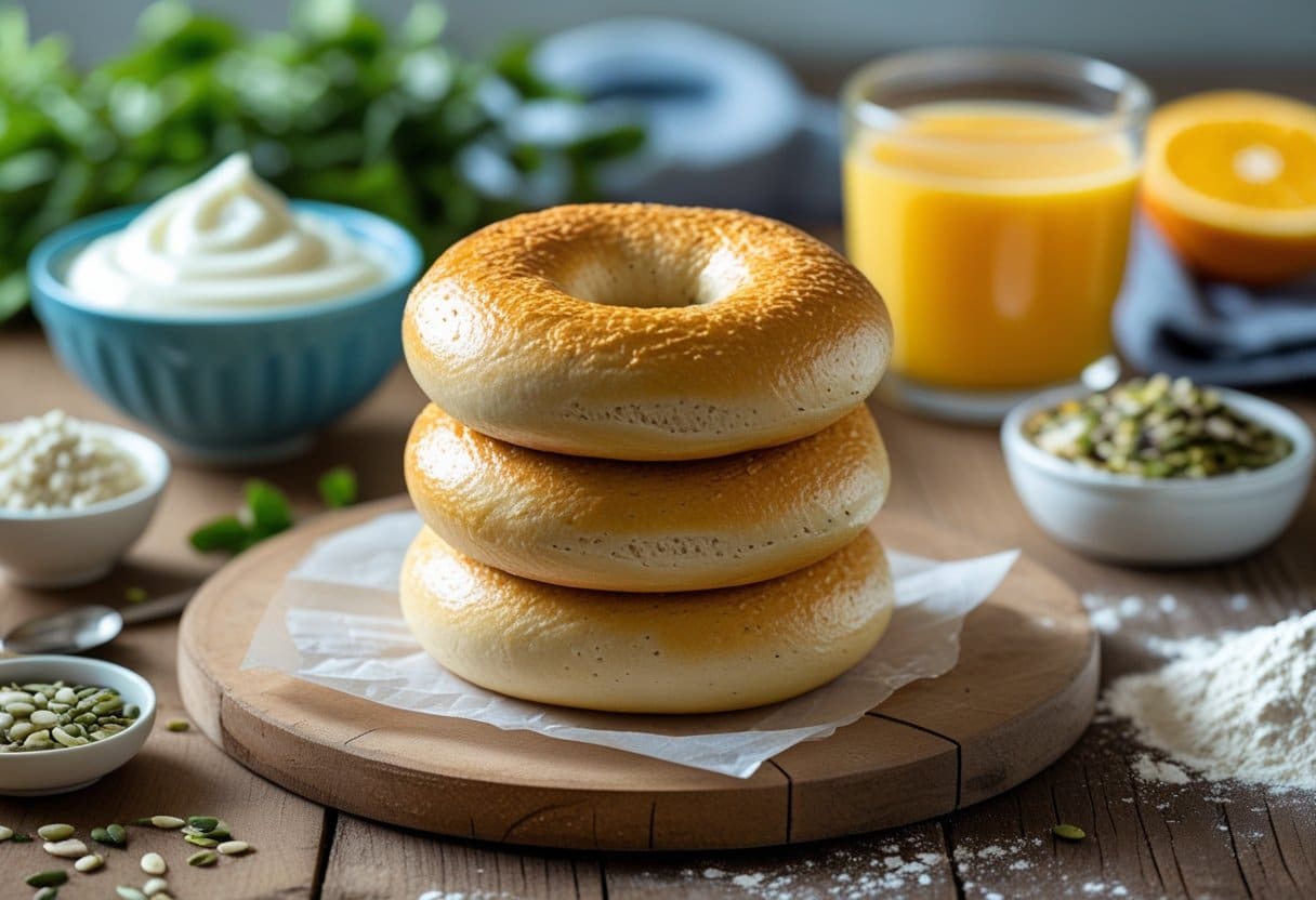 A stack of protein bagels with Greek yogurt and flour on a wooden table surrounded by ingredients like Greek yogurt, flour, seeds, and a glass of orange juice.