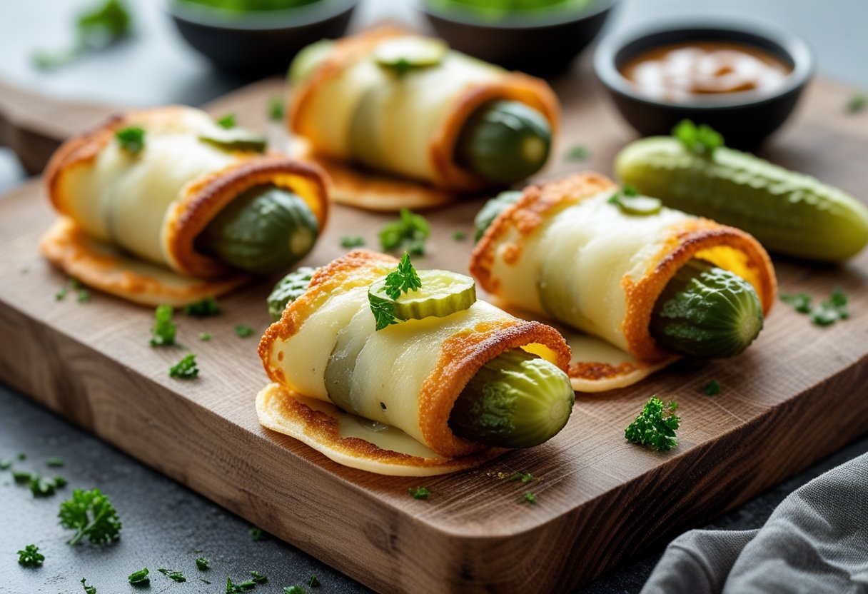 Close-up of pan-fried cheese slices wrapped around pickles arranged on a wooden board with herbs and dipping sauces.