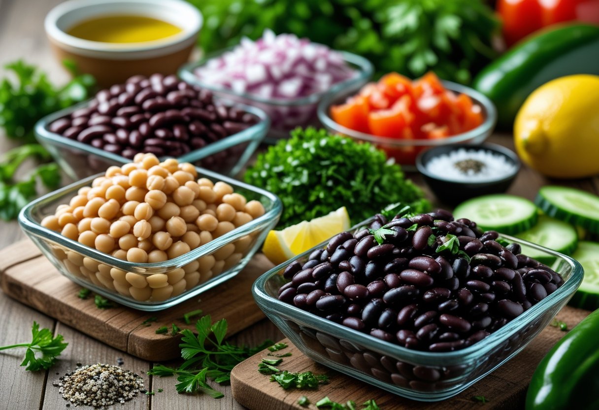 A variety of beans and fresh vegetables arranged on a wooden table, including kidney beans, chickpeas, red onions, tomatoes, cucumbers, parsley, olive oil, and lemon.