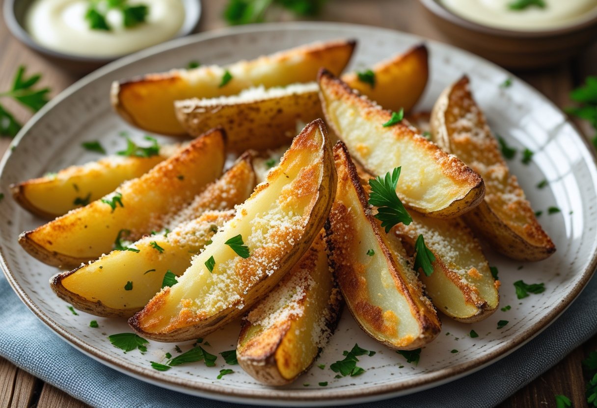 Golden-brown Parmesan-crusted potato wedges on a white plate with a small bowl of dipping sauce and parsley garnish on a wooden table.