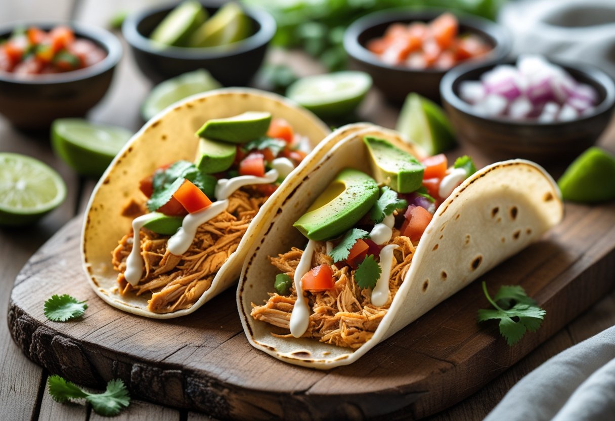 Close-up of freshly made chicken tacos with toppings on a wooden table surrounded by small bowls of salsa, lime wedges, and onions.