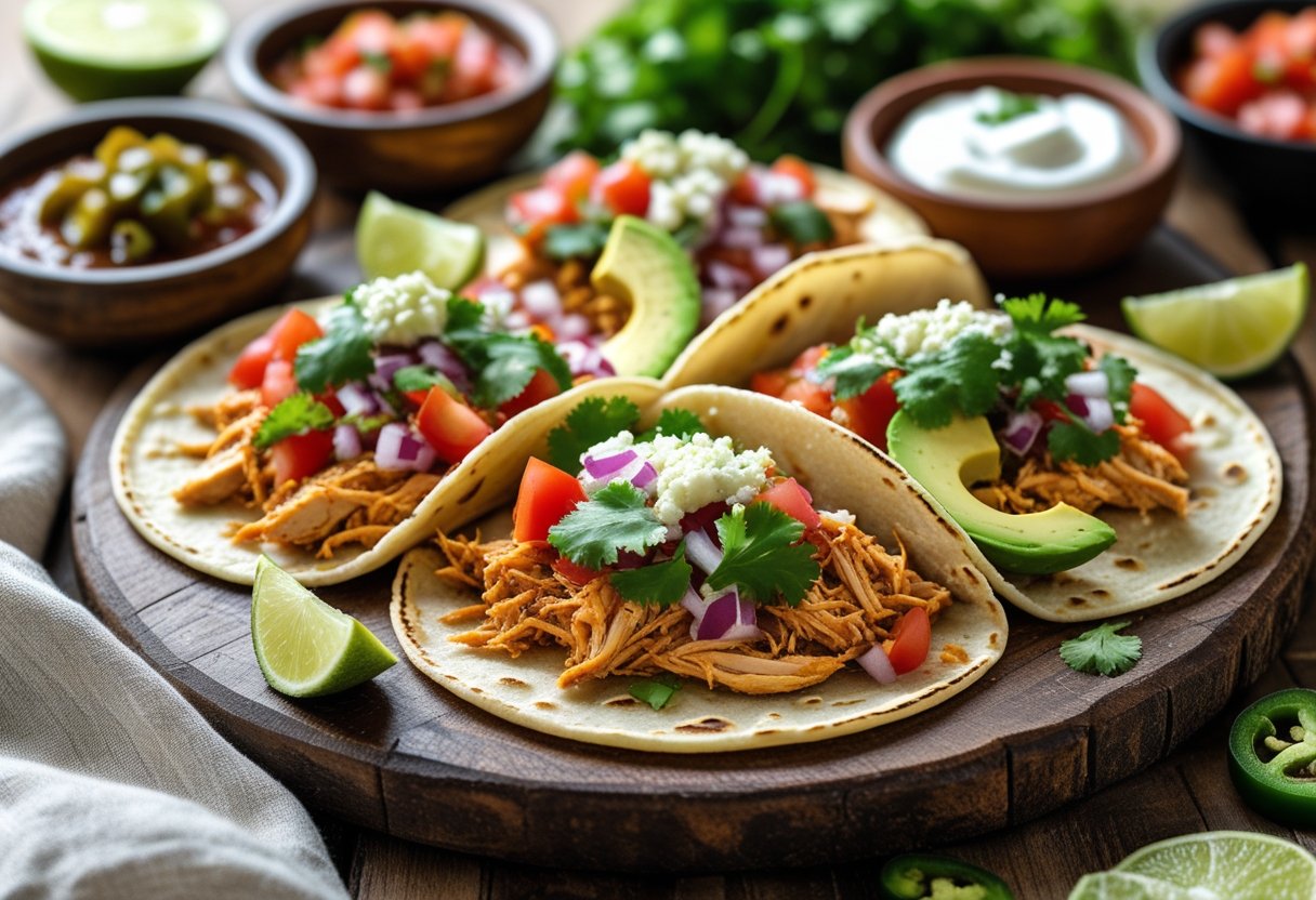 Close-up of three chicken tacos topped with tomatoes, onions, cilantro, avocado, and cheese on a wooden board with lime wedges and bowls of salsa and sour cream nearby.