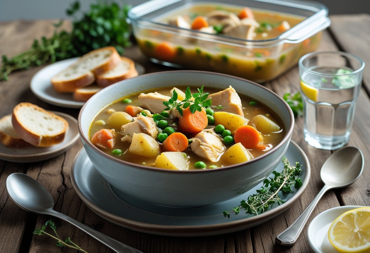 A bowl of chicken stew with vegetables on a wooden table, accompanied by bread and a glass of water, with a storage container of stew in the background.