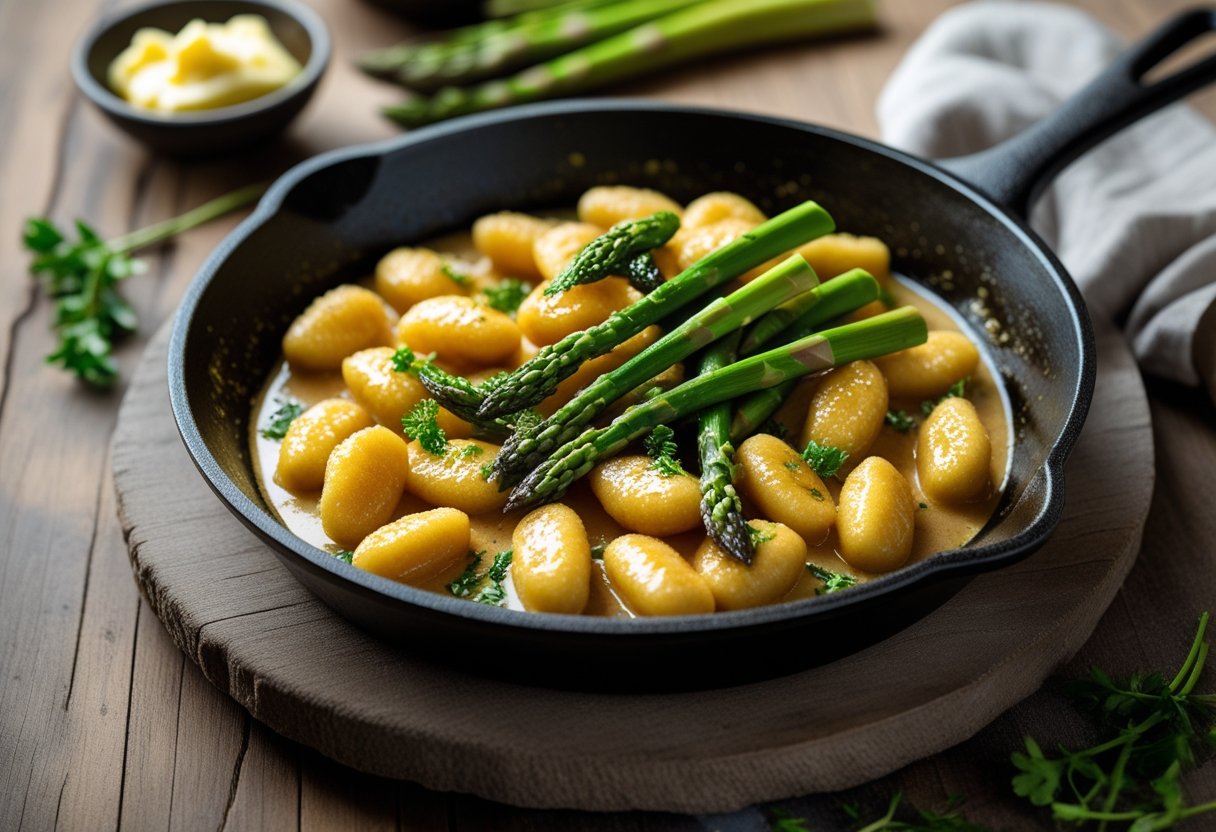 A skillet filled with golden brown gnocchi and green asparagus spears in a buttery sauce on a wooden surface.