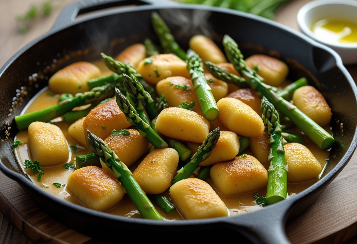 A skillet filled with browned gnocchi and green asparagus on a wooden table.