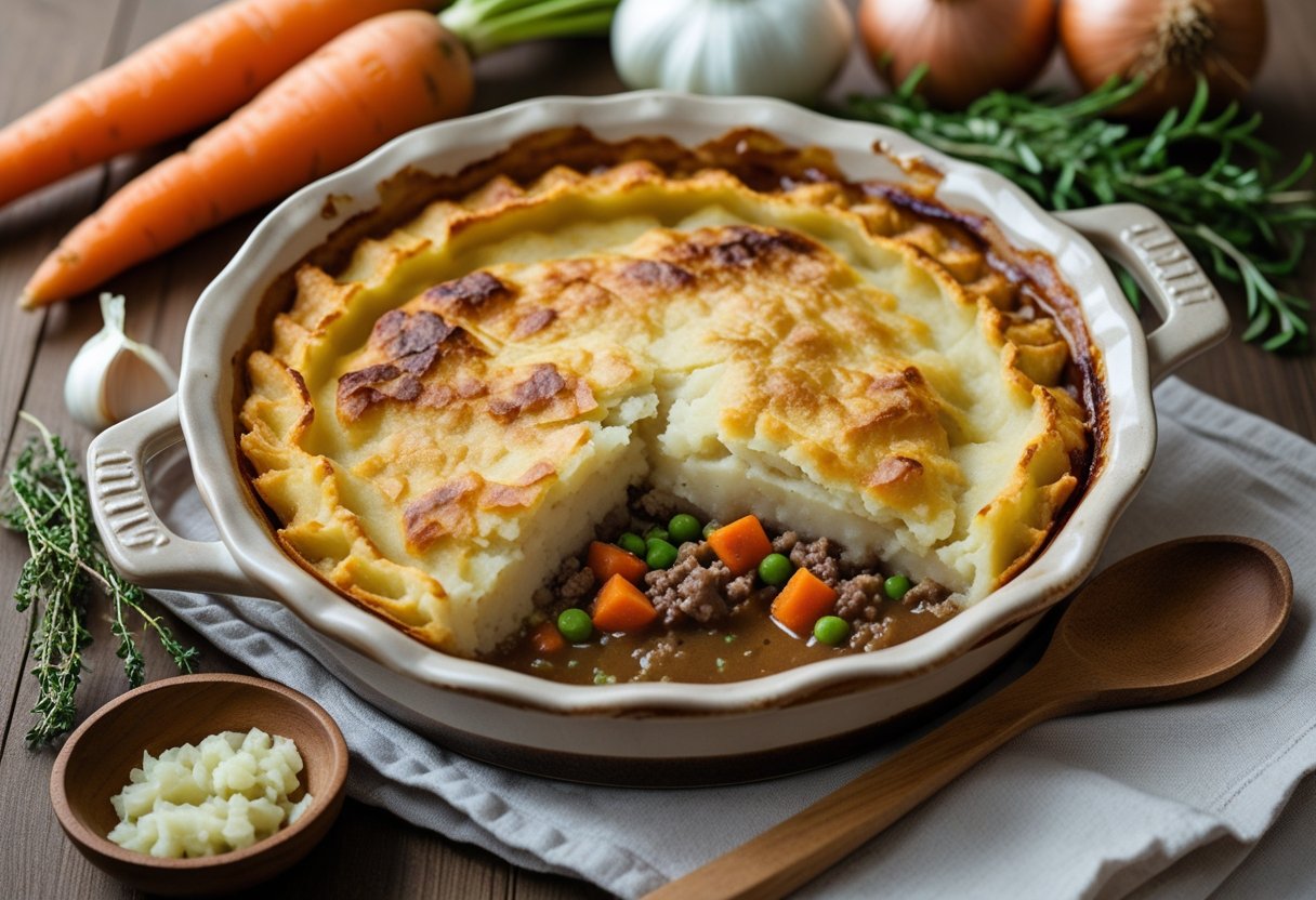 A freshly baked cottage pie with golden mashed potato topping in a ceramic dish on a wooden table, surrounded by fresh vegetables and herbs.