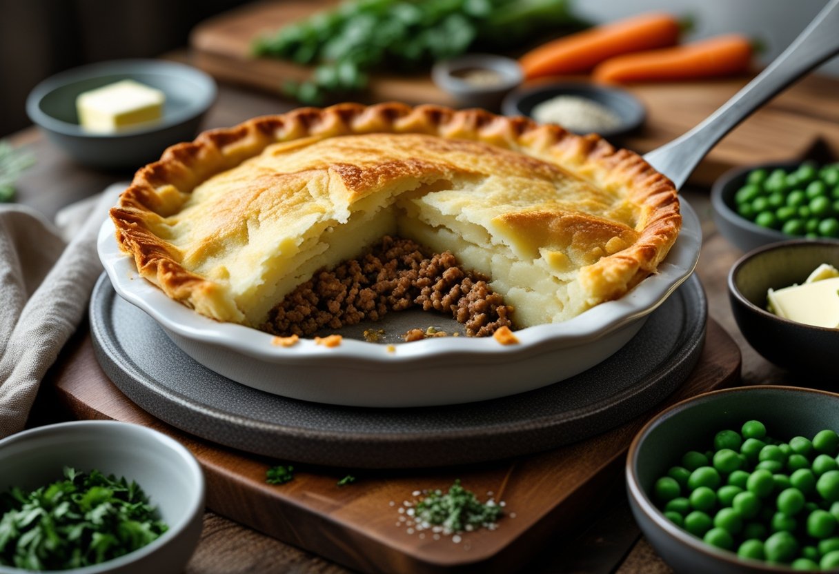 A freshly baked cottage pie with golden mashed potato topping on a wooden table, surrounded by small bowls of ingredients and kitchen items.