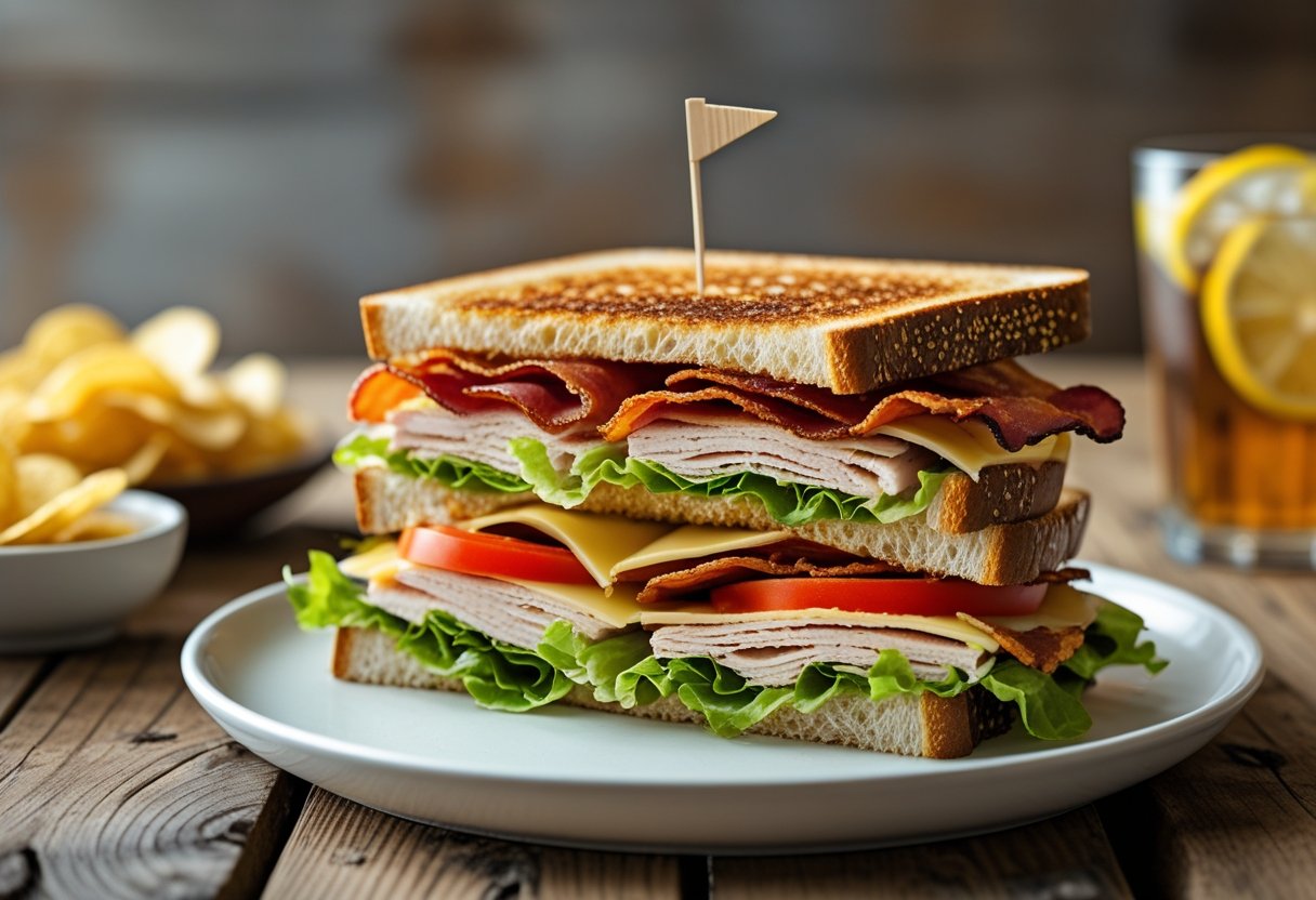 A triangular club sandwich with layers of bread, lettuce, tomato, bacon, turkey, and cheese on a white plate, accompanied by potato chips and a glass of iced tea on a wooden table.