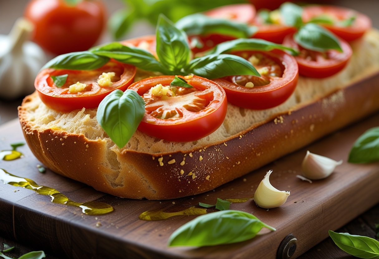 Close-up of tomato basil garlic bread on a wooden cutting board with fresh tomato slices and basil leaves.