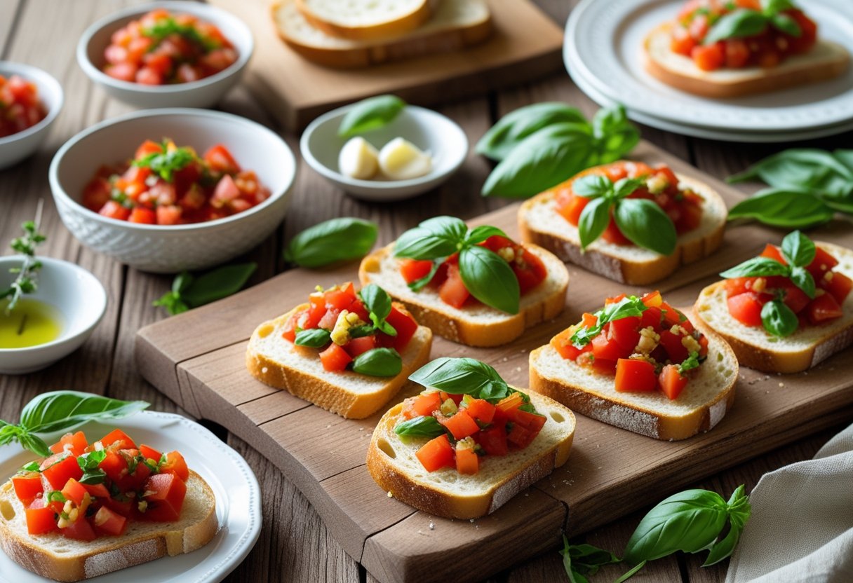 Slices of tomato basil garlic bread arranged on a wooden table with bowls of tomato salsa, basil, and garlic around them.