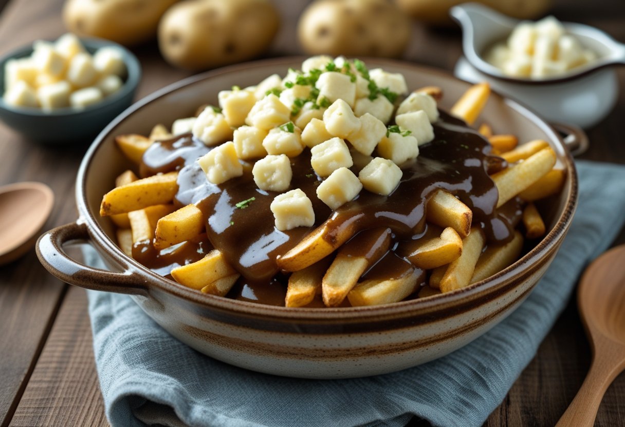 A bowl of poutine with crispy fries, melted cheese curds, and brown gravy on a wooden table with fresh ingredients around it.