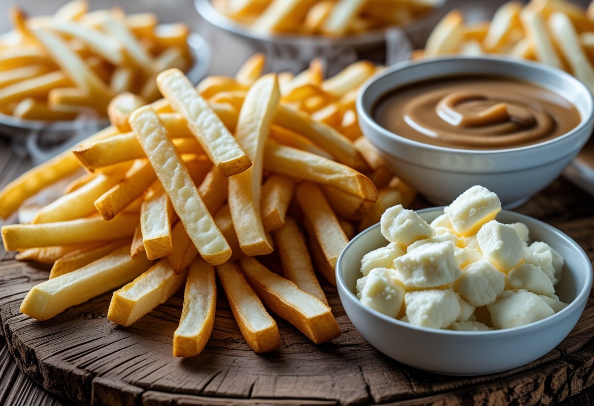 Fresh French fries, a bowl of brown gravy, and a bowl of white cheese curds arranged on a wooden surface.