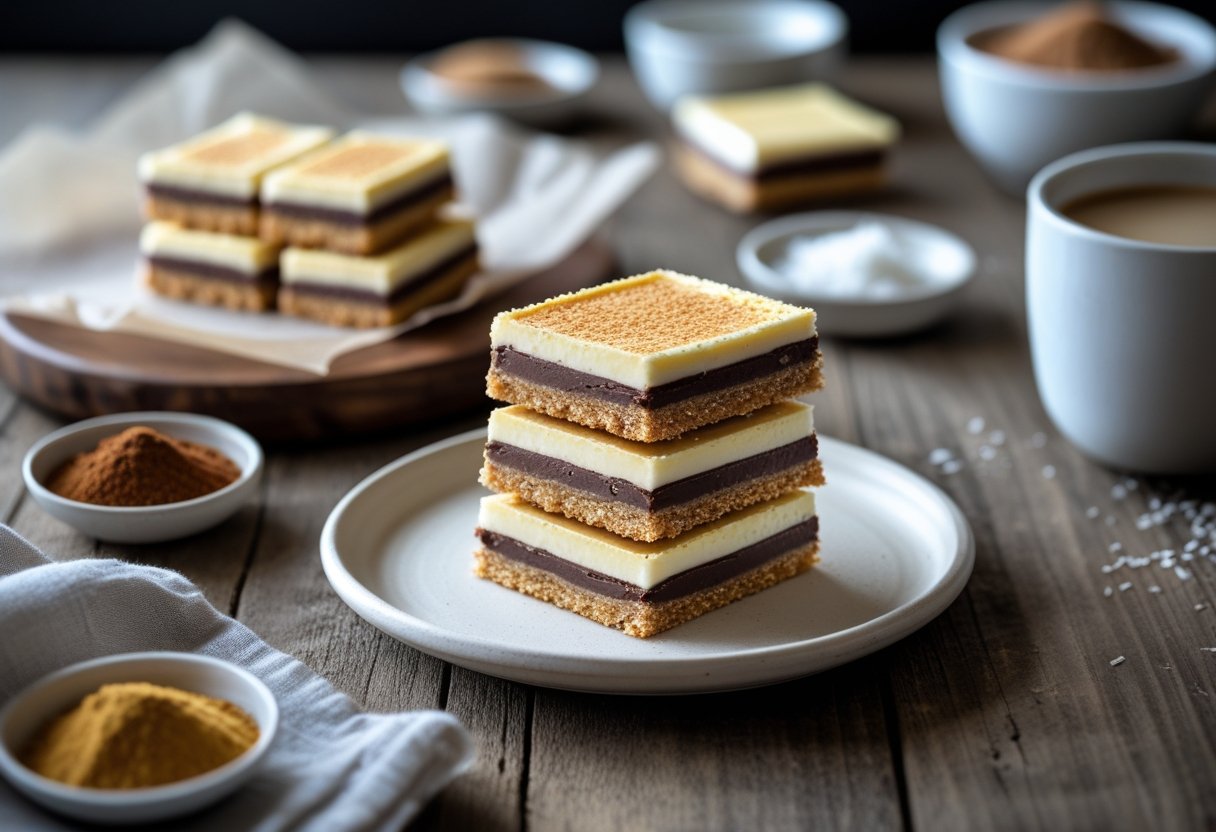 A plate with stacked Nanaimo bars on a wooden table, surrounded by wrapped bars and small bowls of ingredients.