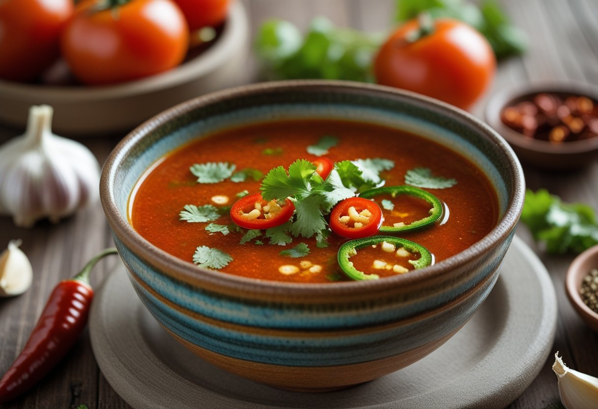 A bowl of red Bullet Soup garnished with herbs and chili slices on a wooden table surrounded by fresh tomatoes, garlic, dried chili peppers, and spices.