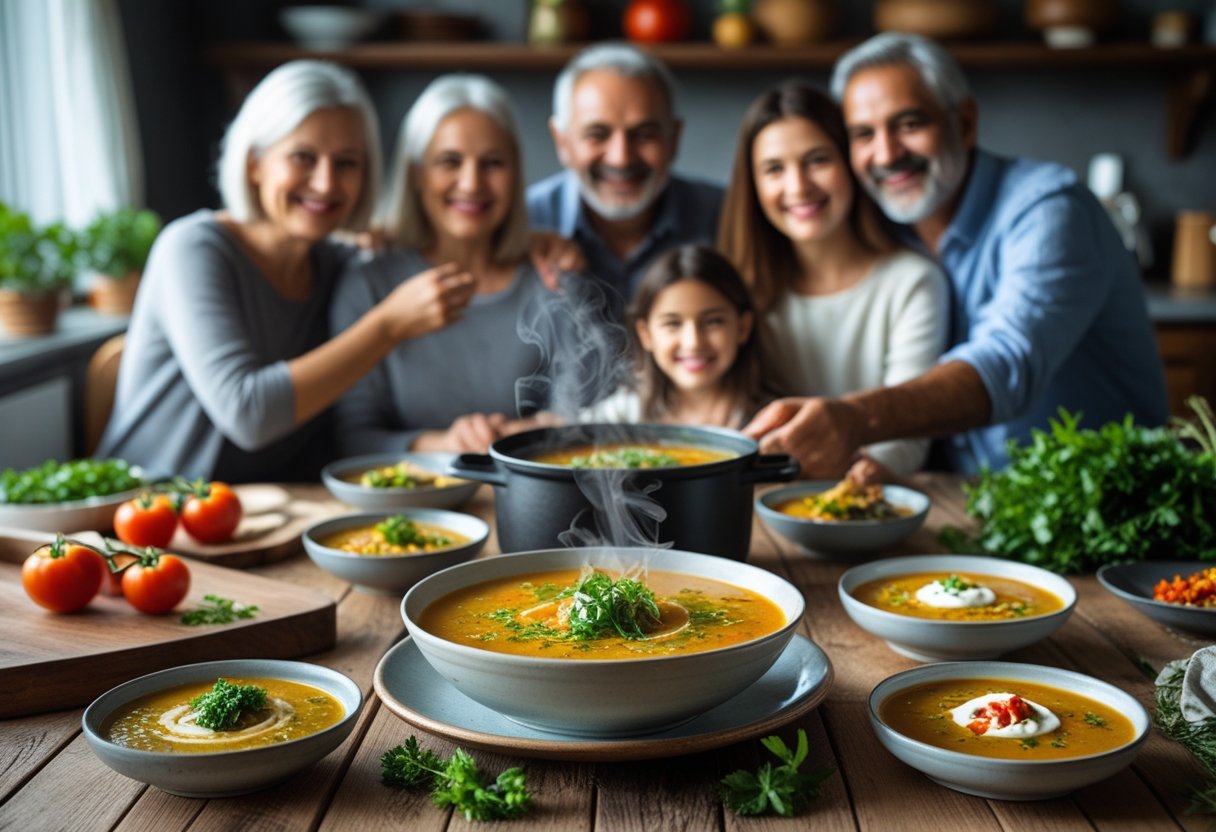 A family gathered around a wooden table with bowls of steaming bullet soup and various soup variations, sharing a meal together in a cozy kitchen.
