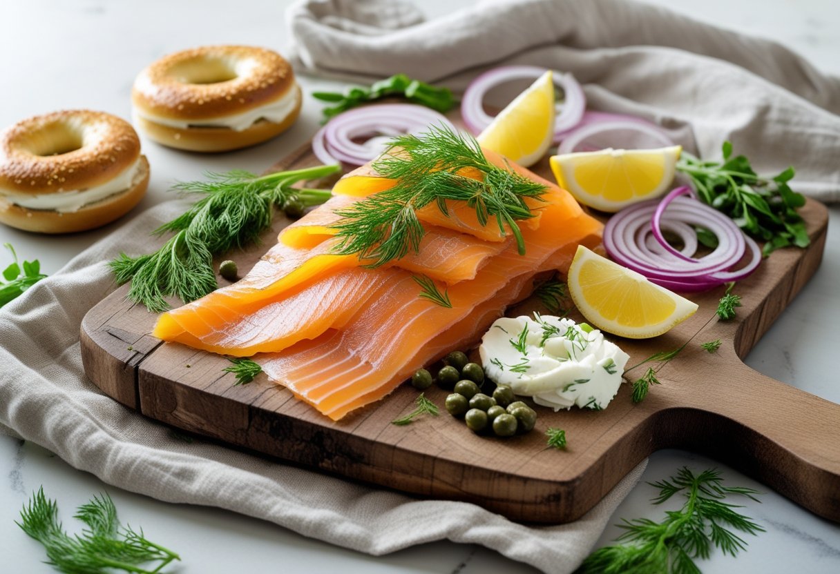 A plate of thinly sliced smoked salmon garnished with lemon wedges, dill, red onions, and capers, accompanied by toasted bagels and cream cheese on a wooden board.