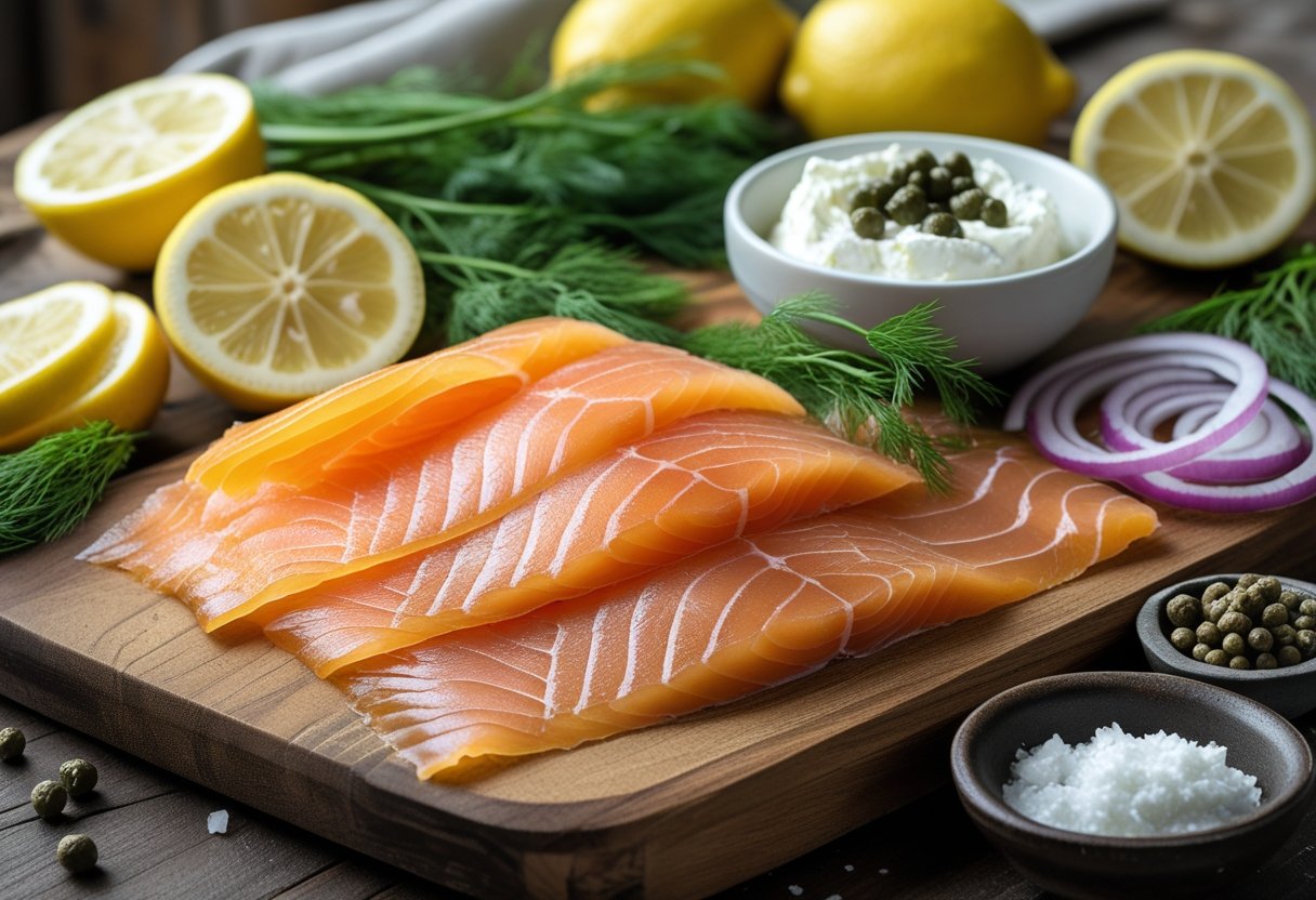 A cutting board with sliced smoked salmon surrounded by lemon wedges, dill, capers, red onions, cream cheese, sea salt, and black pepper in a kitchen setting.