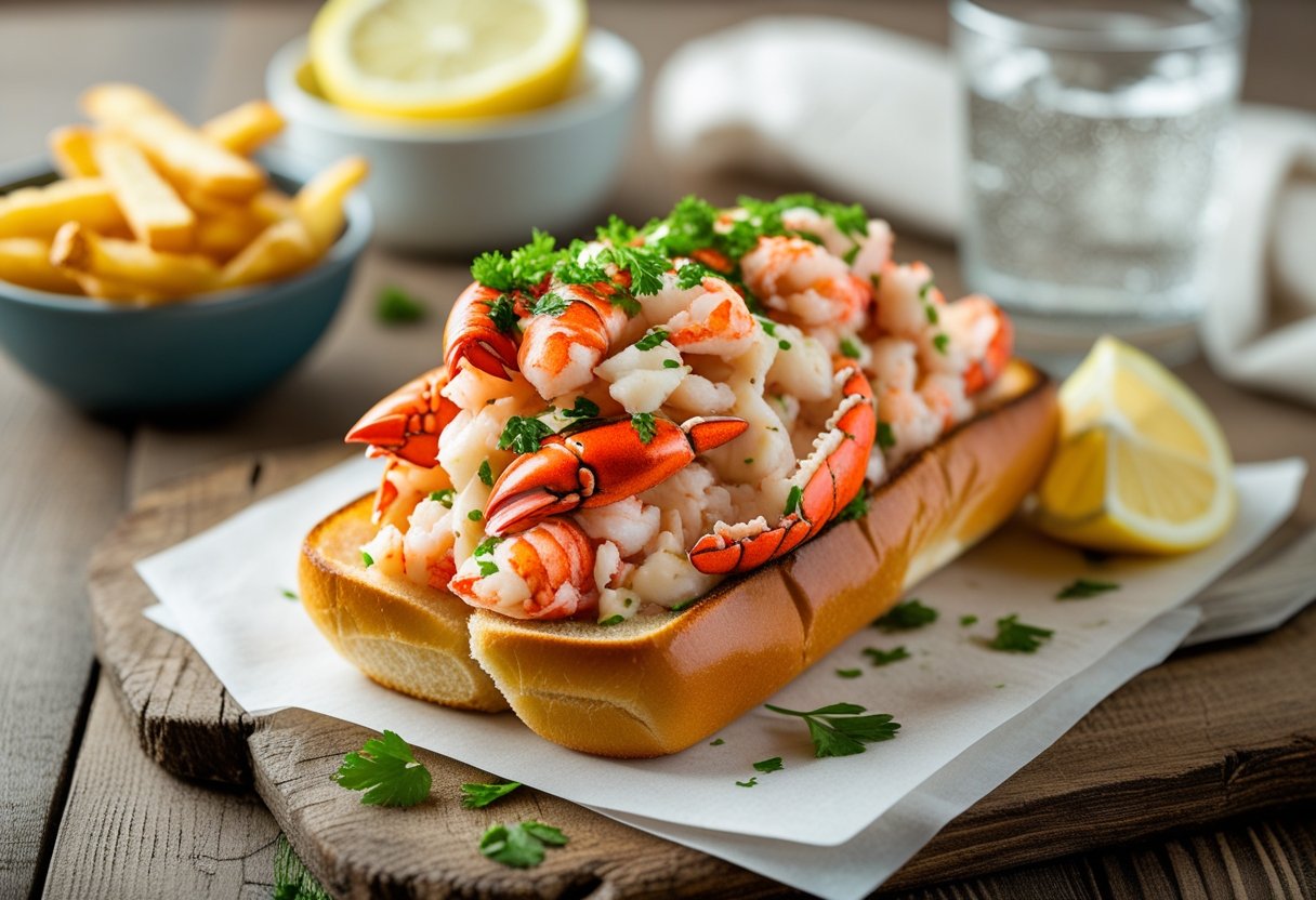 A lobster roll with lobster meat in a toasted bun served with French fries and a lemon wedge on a wooden table.