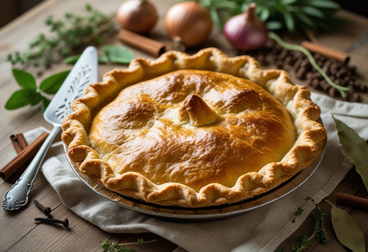 A freshly baked tourtière pie on a wooden table surrounded by ingredients like ground meat, onions, and spices.