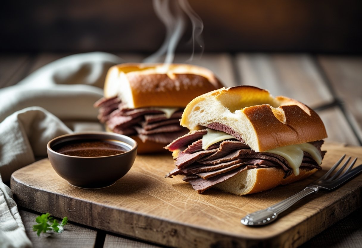 A sliced beef dip sandwich on a wooden board with a bowl of dipping sauce and cutlery on a table.