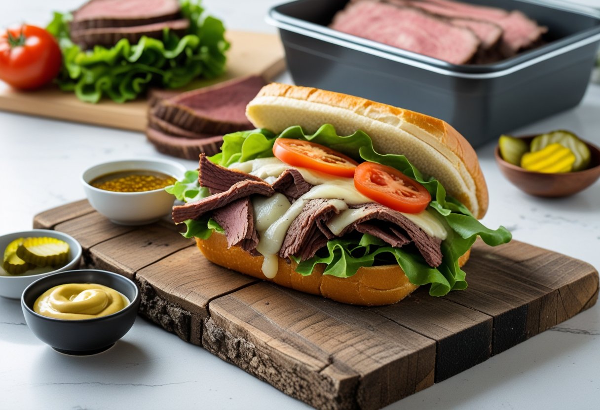 A beef dip sandwich on a wooden board with a bowl of au jus sauce and small bowls of condiments nearby, set on a kitchen countertop.