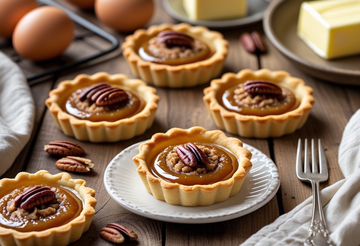 A plate of freshly baked butter tarts on a wooden table with baking ingredients and a fork nearby.