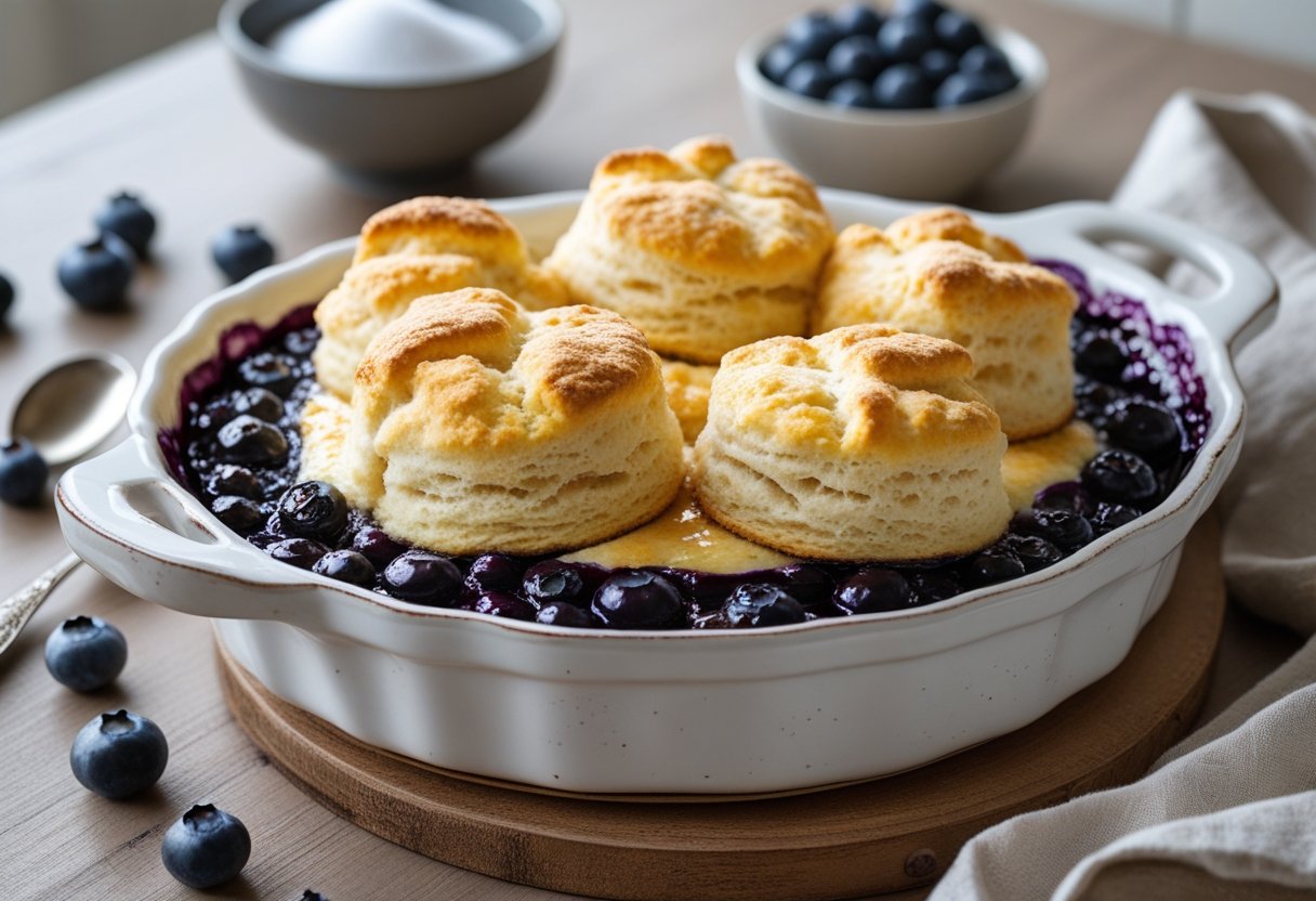 A freshly baked blueberry grunt dessert in a white baking dish on a wooden table with fresh blueberries and a spoon nearby.