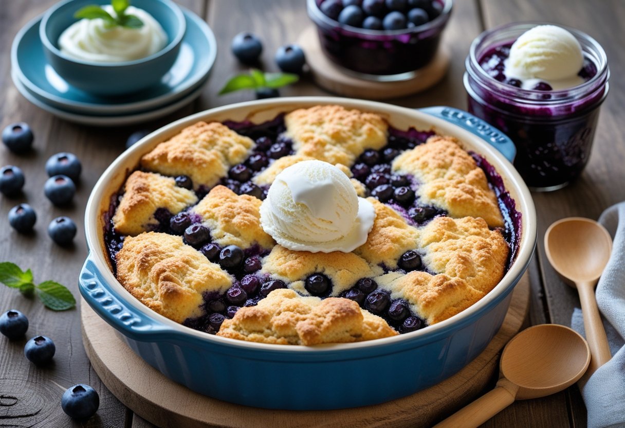 A freshly baked blueberry grunt dessert with biscuit topping on a wooden table, accompanied by whipped cream, blueberry compote, and a slice served with vanilla ice cream.