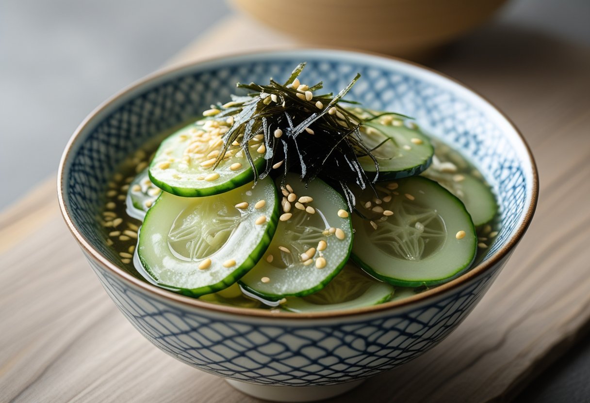 A bowl of thinly sliced pickled cucumbers garnished with sesame seeds and seaweed on a wooden surface.