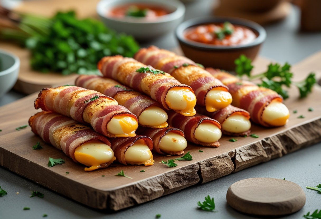 Close-up of bacon-wrapped grilled cheese fingers on a wooden board with a small bowl of dipping sauce and parsley garnish.