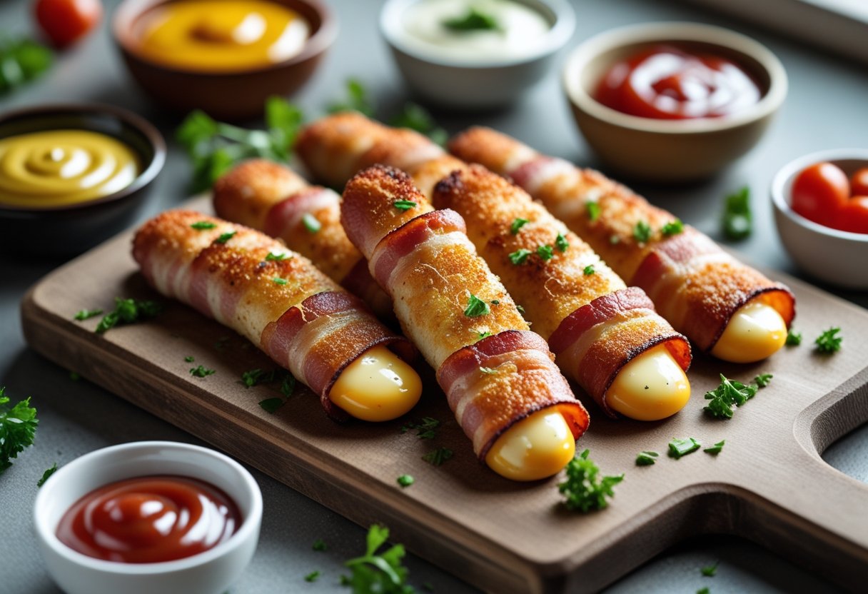 A wooden board with bacon-wrapped grilled cheese fingers, small bowls of dipping sauces, and fresh garnishes on a kitchen countertop.