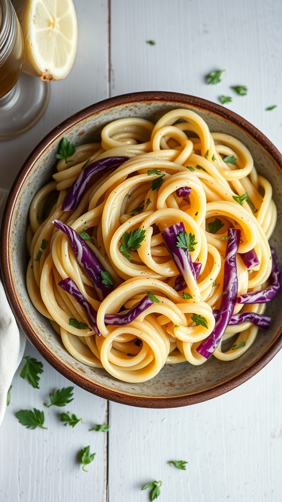A bowl of varhaiskaalipasta with pasta and purple cabbage garnished with parsley.