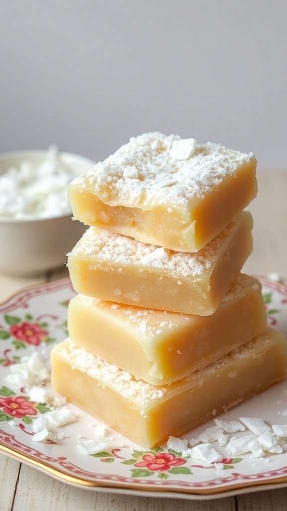 Stack of chewy butter mochi bars dusted with coconut flakes on a floral plate.