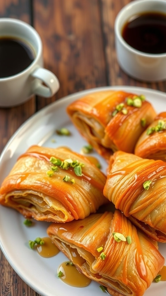 Pistachio Baklava Croissant Recipe Golden pistachio baklava croissants drizzled with honey syrup and topped with chopped pistachios on a rustic table.
