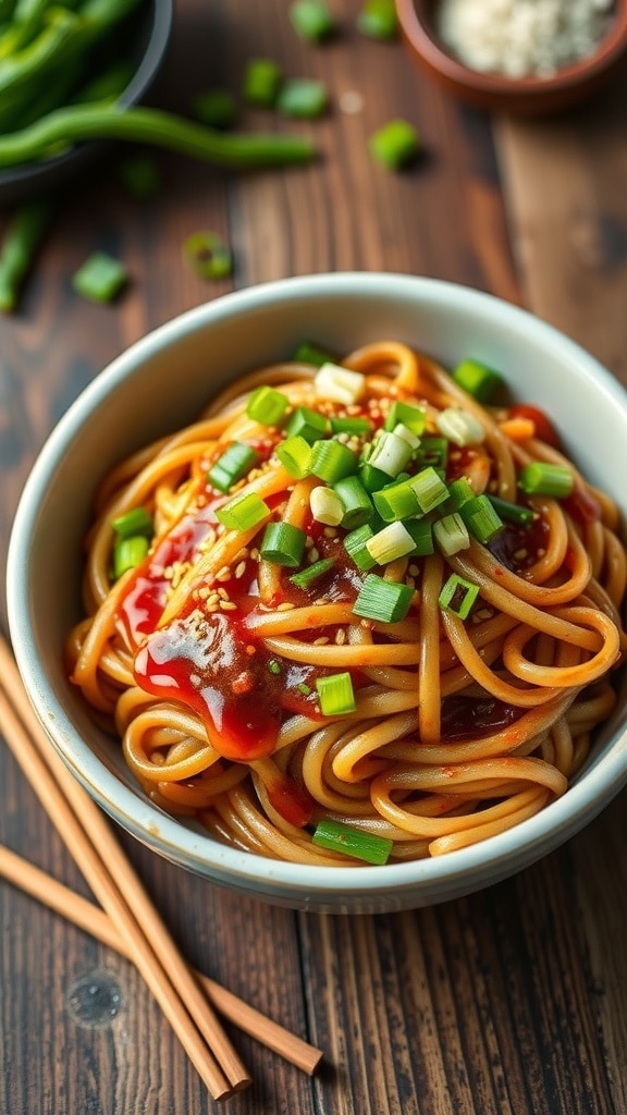 A bowl of Hoisin Garlic Noodles garnished with green onions and sesame seeds, served with chopsticks.