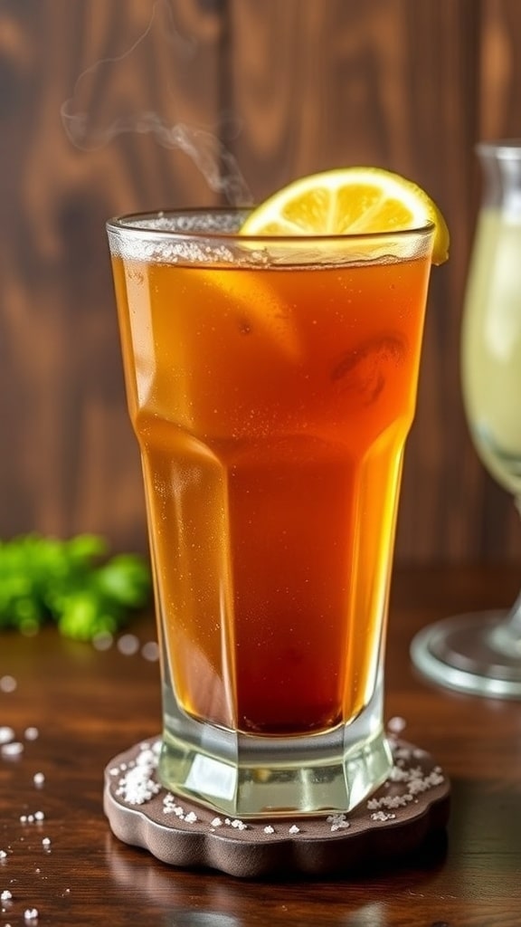 A Bull Shot cocktail with vodka and beef bouillon, garnished with a lemon wedge, on a rustic bar.