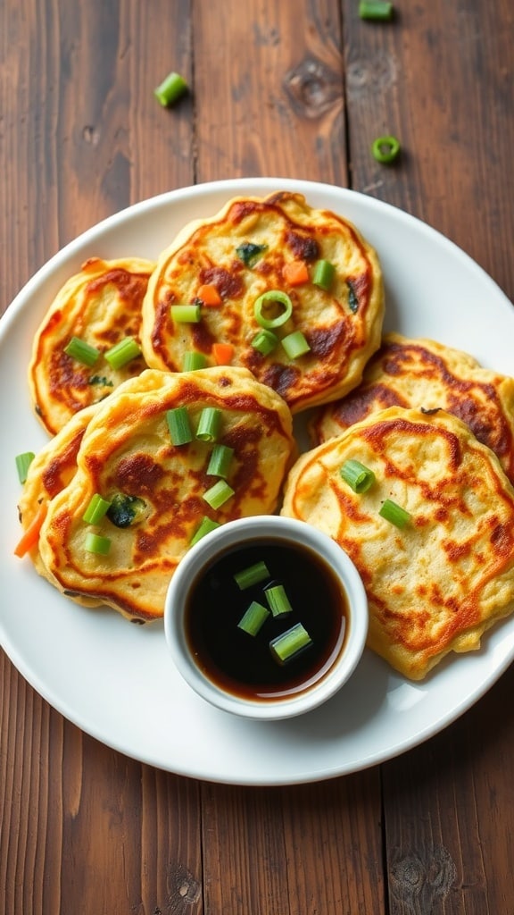 Crispy Korean vegetable pancakes with zucchini, spring onion, and carrot on a plate, served with soy sauce.