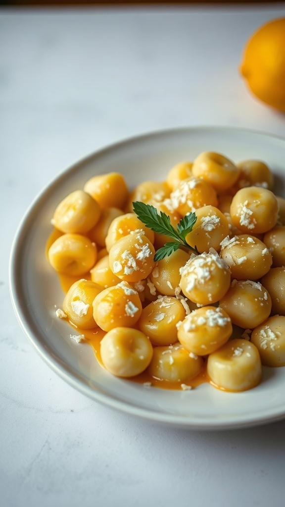 A plate of gnocchi limonello with lemon sauce and cheese.