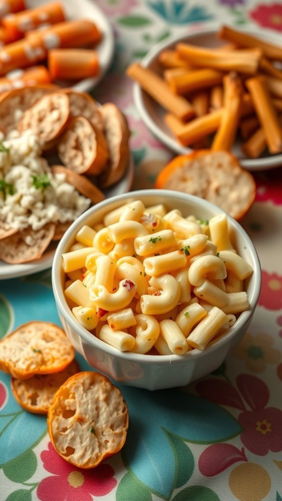 A bowl of creamy Hawaiian mac salad with macaroni and colorful toppings.