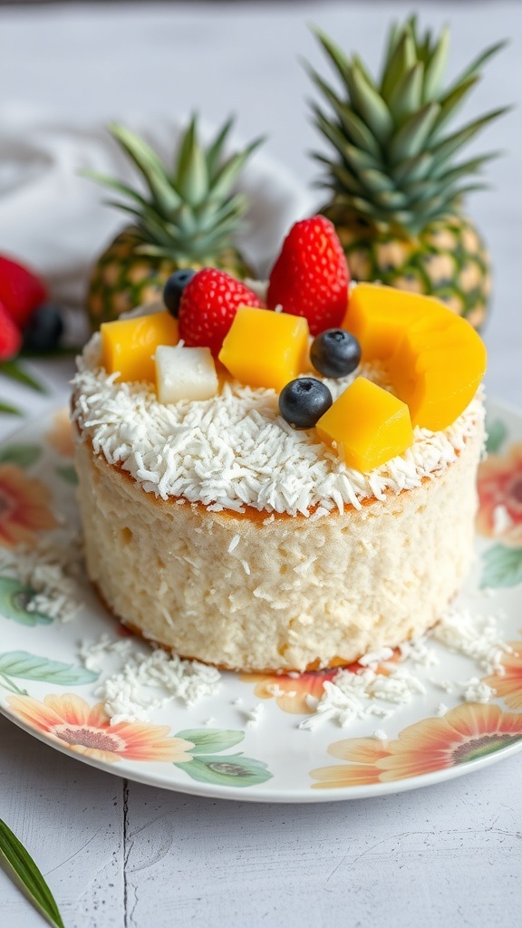 A coconut sponge cake topped with mango, strawberries, and blueberries on a floral plate.