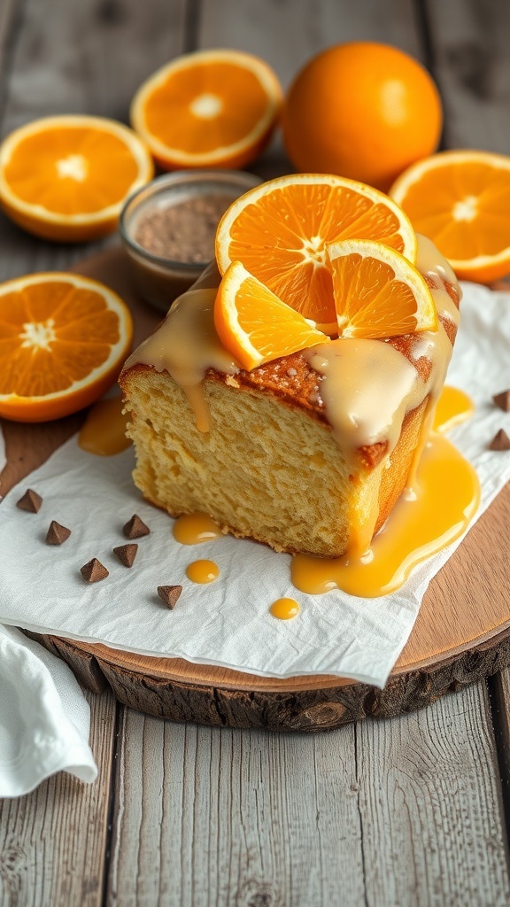 A slice of orange sponge cake topped with orange slices and a sweet glaze, surrounded by fresh oranges.