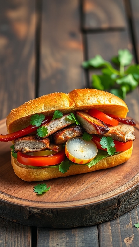 A delicious bánh mì sandwich with meats, vegetables, and herbs in a crispy baguette.