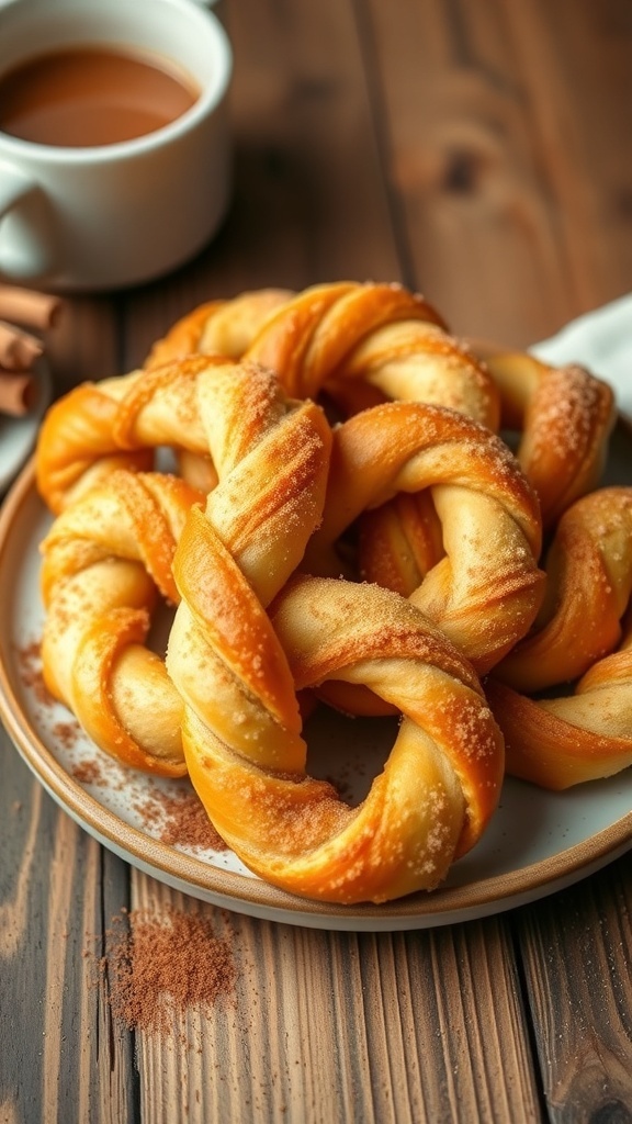 Golden brown sweet cinnamon twists dusted with cinnamon sugar on a rustic plate.
