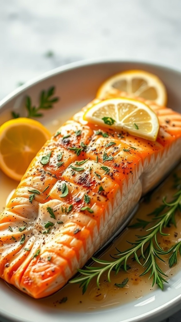 Uunilohi sitruunaviipaleilla ja yrteillä koristeltuna